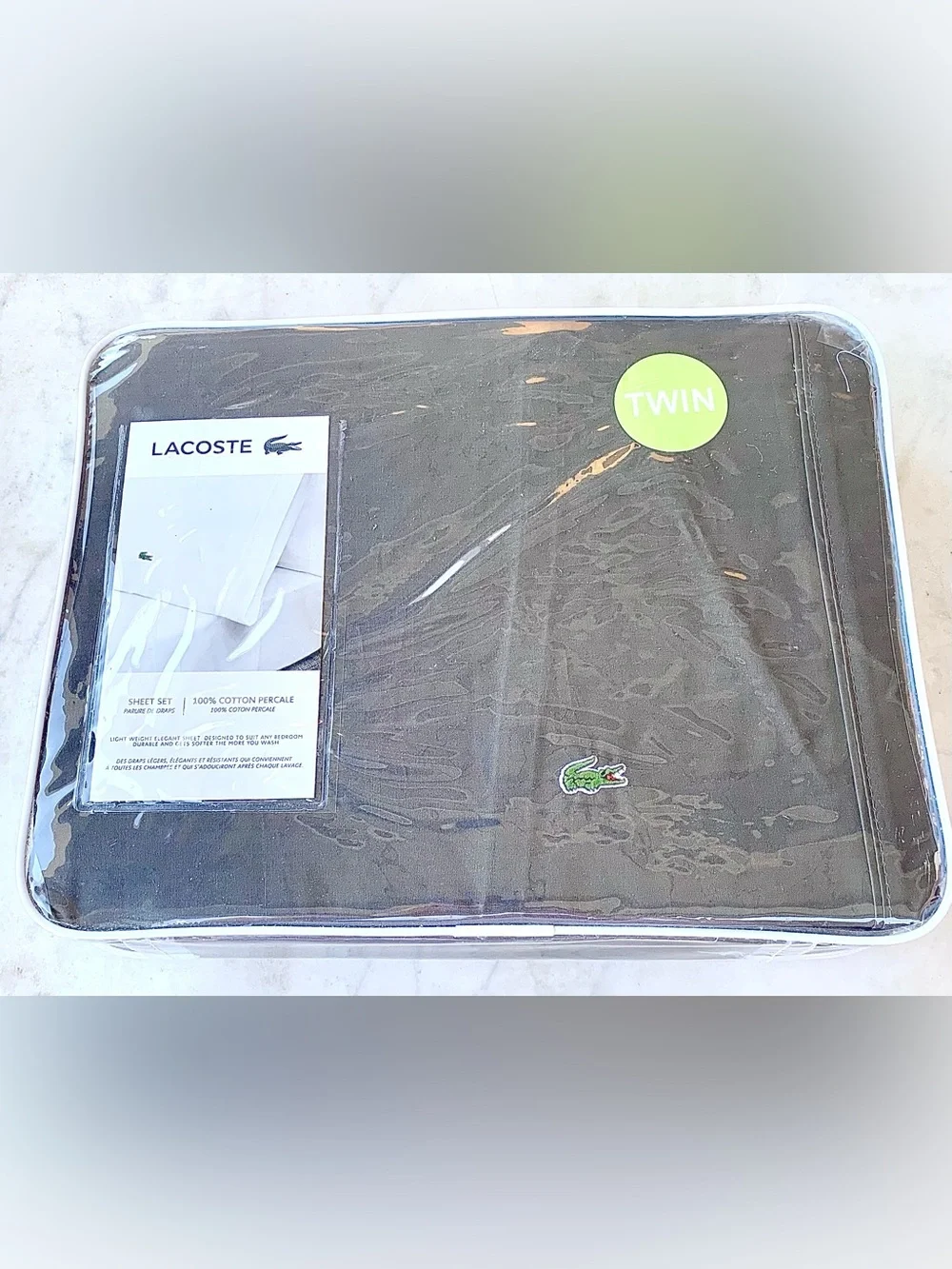LACOSTE 3PC TWIN BED SHEET SET NEW DARK GREY 100 % COTTON